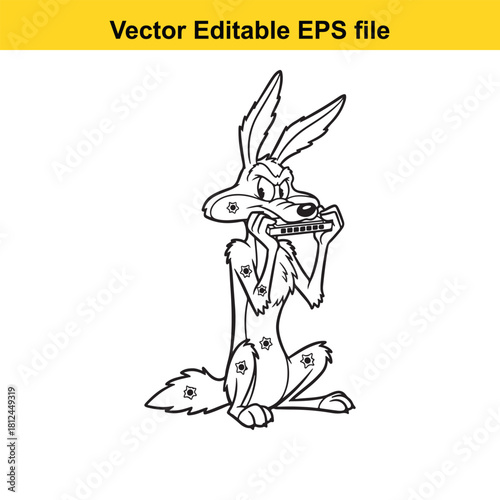 Black and white line art vector illustration of a cartoon coyote playing a harmonica, isolated on