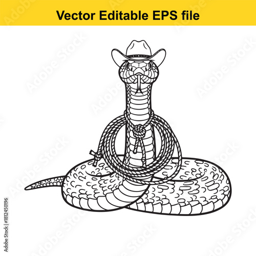 Black and white line art vector illustration of a dangerous rattlesnake wearing a cowboy hat and coiled with a lasso, isolated on