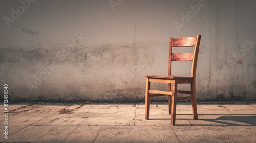 Wooden chair against a weathered wall bathed in sunlight creating a minimalist and contemplative scene