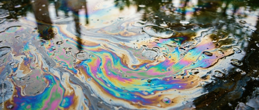 Fototapeta premium Colorful oil slick on water surface, displaying vibrant swirling patterns and reflections, creating a mesmerizing visual effect in a natural environment