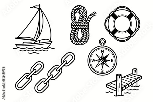 Nautical Vintage Line Art Icons Set
