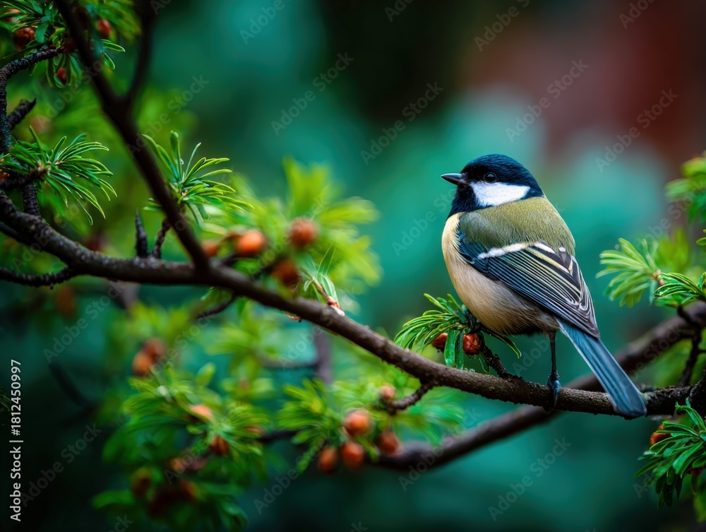 Obraz premium Colorful bird perched on a branch surrounded by vibrant green leaves