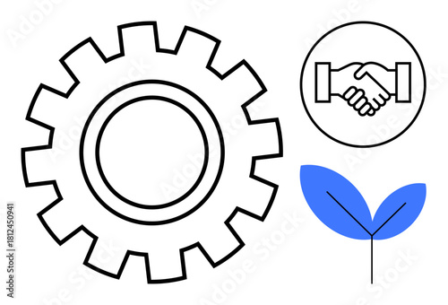 Collaboration concept. Gear and handshake teamwork and partnership, blended with a leaf for sustainability. Collaboration fosters eco-friendly initiatives and efficiency. For teamwork