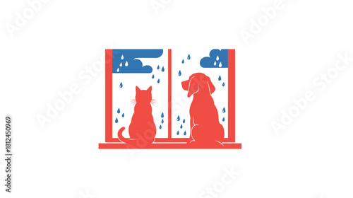 Rainy Day Companions: A heartwarming illustration features a cat and dog side-by-side, gazing out a window at a rainy day, showcasing the bond of friendship and cozy comfort.