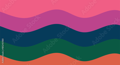 Vibrant abstract background featuring smooth, colorful wavy layers in shades of pink, magenta, dark blue, deep green, and orange, creating a dynamic and modern visual pattern