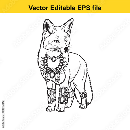 Black and white outline drawing of a stylized fox wearing traditional native american style jewelry like a squash blossom necklace and cuffs, isolated on