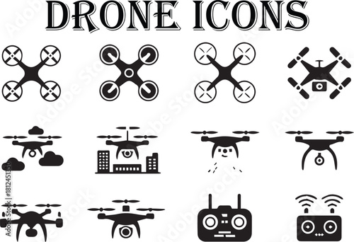 drone icon set black vectors for mapping photography and delivery
