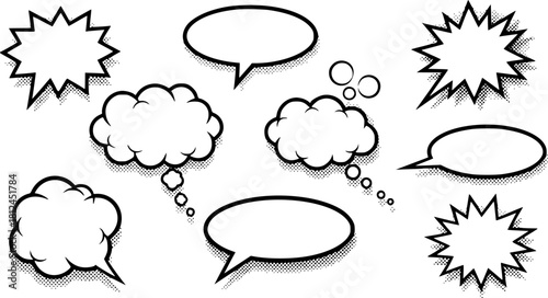 Retro empty comic speech bubbles set with black halftone shadows. Vintage design, pop art style - stock vector, EPS version.