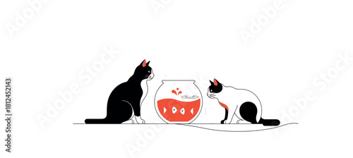 Curious Cats Gazing: Two stylized cats, one in sleek black and another in elegant white, share a moment of intrigue as they gaze intently at a goldfish bowl. A delicate illustration