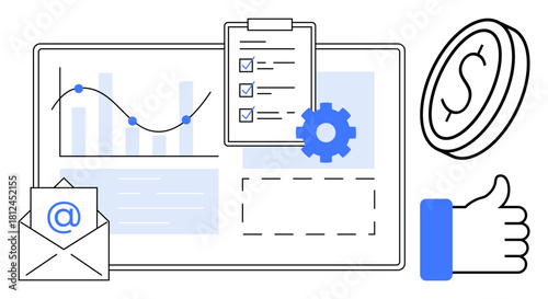 Business process overview. Business process with analytics, checklist, and gear for workflow. Business process for efficiency, planning, technology, and marketing strategies