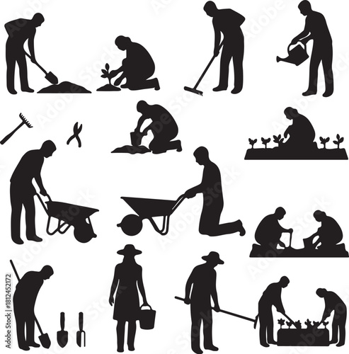 Silhouette set of people gardening and farming activities Keywords: gardening, farming, planting, watering, digging, wheelbarrow, rake, shovel, pruning shears, silhouette, on transparent background