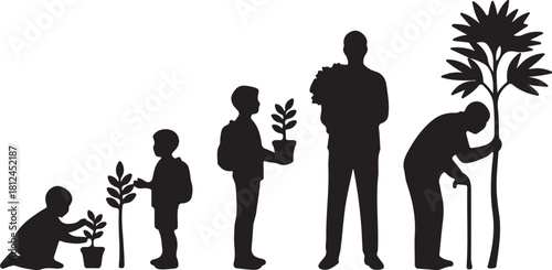 Silhouettes Depicting Human Life Stages From Infancy To Old Age With Plants life cycle growth on transparent background