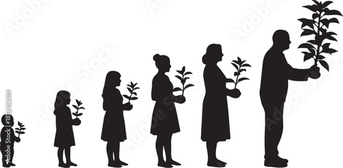 Silhouettes of people of different ages holding plants symbolizing growth and life Keywords: growth, life, family, generations, development, stages, childhood, adulthood, on transparent background