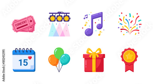 Flat style party icons collection: music, gifts, and celebration elements