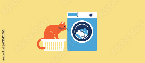Playful Orange Tabby Cat's Laundry Day: An adorable orange tabby cat sits curiously by a washing machine, perched in laundry basket. A perfect blend of household life.
