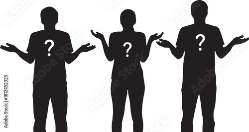Three silhouetted figures with question marks on their chests and arms outstretched in a shrugging gesture on transparent background