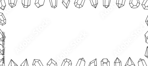 Crystals horizontal outline banner. Gems of different shapes. Gemstones, amethyst, ruby, sapphire, emerald, topaz and quartz. Vector illustration