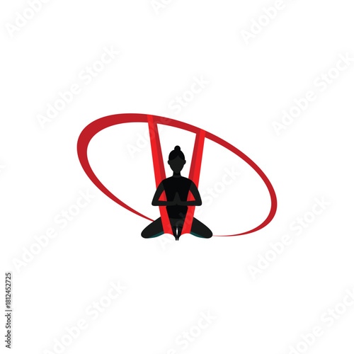Silhouette of a meditating person inside a red oval isolated on a transparent background