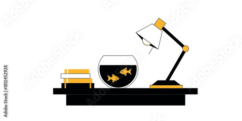 Workplace Tranquility: A desk with a fish bowl and a lamp embodies peace, providing a harmonious atmosphere for productivity and reflection.