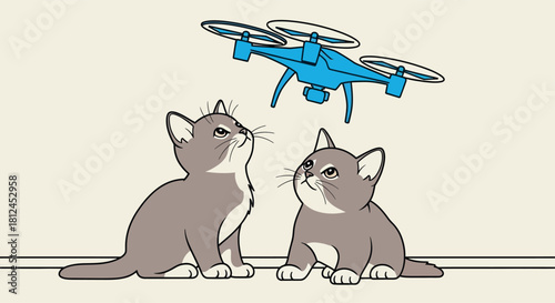 Curious Cats and Drone: Two adorable kittens gaze in wonder at a hovering drone, a blend of cuteness and technology.