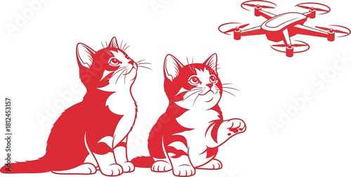 Cats and Drone: A playful cartoon depicts two curious cats gazing upward at a hovering drone, a blend of feline intrigue and modern technology.