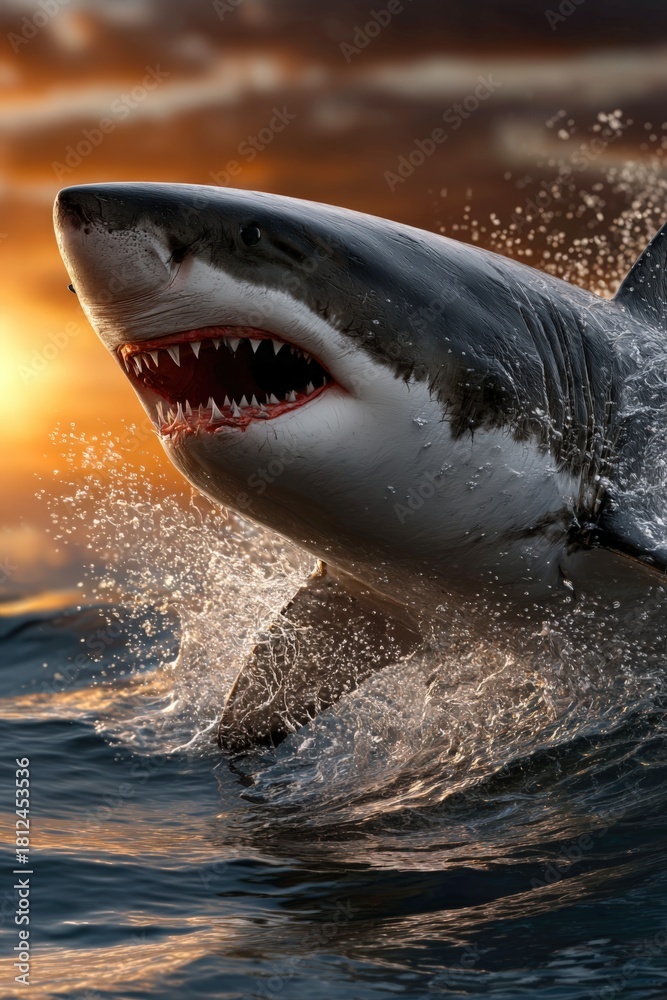 Naklejka premium Powerful shark leaps from ocean during sunset in thrilling display of nature