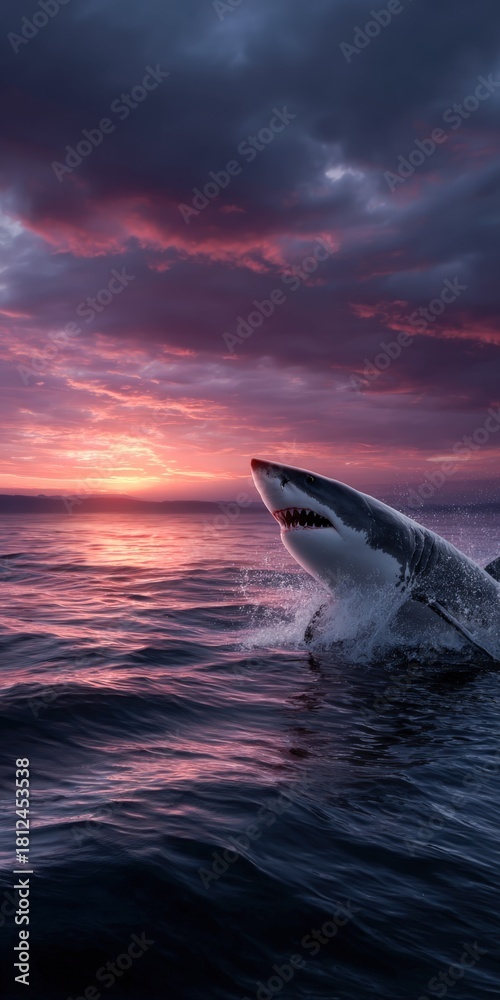 Fototapeta premium Great white shark breaches the surface at sunset over calm ocean waters