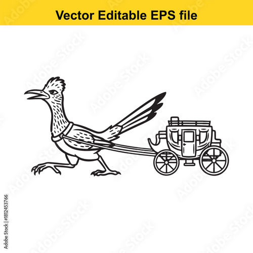 Black and white line art vector illustration of a cartoon roadrunner bird pulling an oldfashioned stagecoach, isolated on