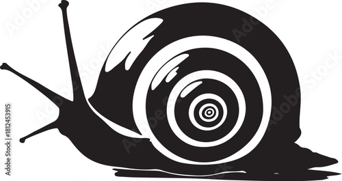 Black and white graphic of a snail with concentric circles on its shell