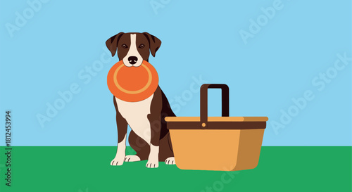 Playful Dog and Picnic: A friendly dog sits attentively, holding a frisbee in its mouth while a picnic basket rests beside it. The scene radiates a sense of leisure and simple enjoyment. 