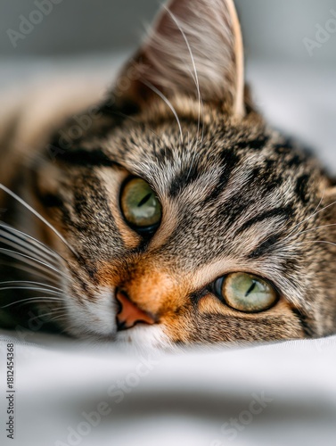 Cat relaxing on soft surface with beautiful green eyes in cozy indoor setting