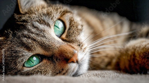 Close-up view of a resting tabby cat with bright green eyes