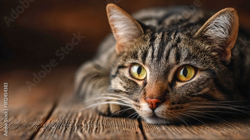 Beautiful tabby cat resting on wooden floor in cozy indoor setting