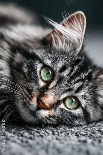 Curious grey cat with striking green eyes relaxing on soft surface