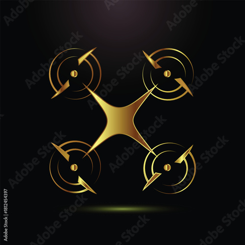 Golden drone icon concept with rotating propellers for aerial surveillance and photography work done
