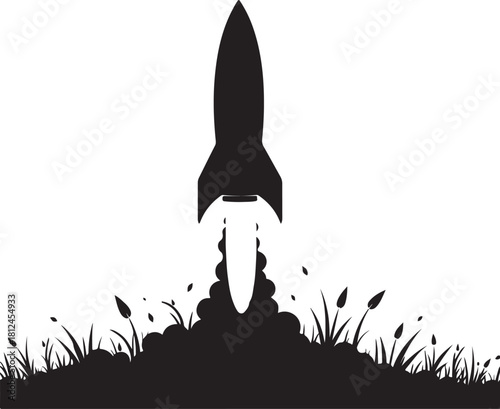 Black rocket launching from grassy ground space spaceship