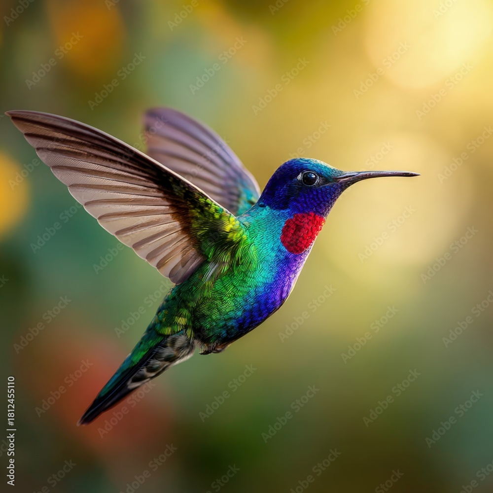 Obraz premium Vibrant hummingbird hovering in sunlight with colorful plumage and blurred background