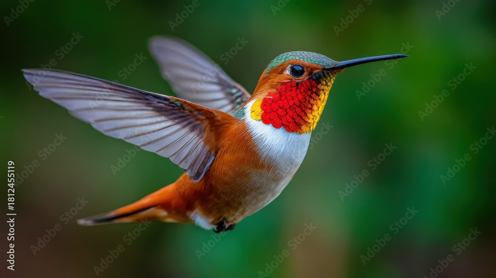 Obraz premium Colorful hummingbird hovering in lush green environment during daytime