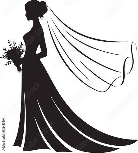 Elegant bride silhouette in flowing wedding dress holding bouquet