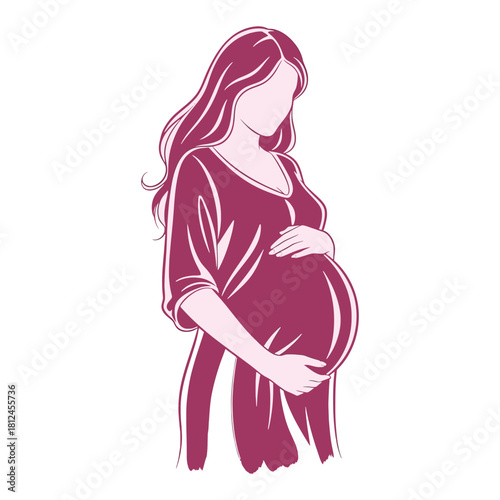 Elegant illustration of a pregnant woman cradling her baby bump in pink