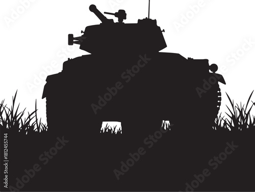 Black silhouette of a military tank in grass army vehicle