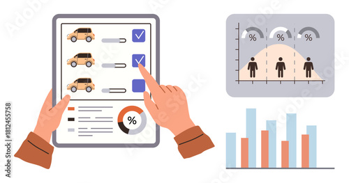 Hands pointing at tablet displaying car options and checkmarks. Charts and graphs show percentage data and distribution. Ideal for market research, data analysis, decision-making, automotive studies