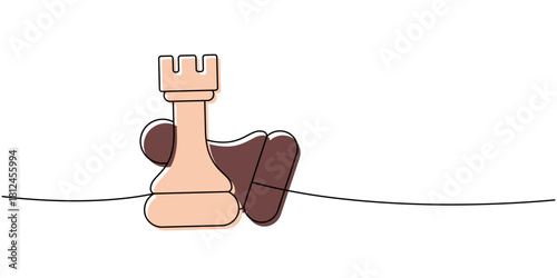 Linear minimalist outline of mixed chess pieces in peach and brown tones leaning on a line, abstract strategic art