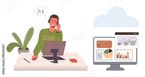 Customer service representative with headset assisting clients at desk beside analytics dashboard. Ideal for support, communication, analytics, e-commerce, technology, teamwork, productivity. Simple