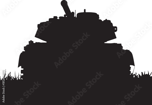 Black silhouette of a military tank in grass army warfare