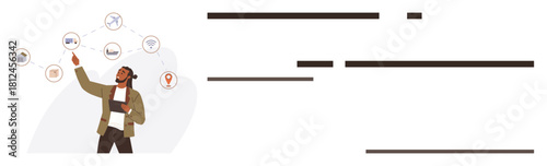 Young man with a tablet pointing at various travel-related icons thumbs up airplane, car, and map pin. Ideal for travel planning, tourism, mobility, navigation, exploration, decision-making simple