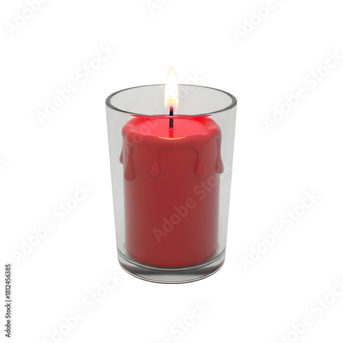 Realistic Burning Red Wax Candle in a Clear Glass Jar Isolated on Transparent Background