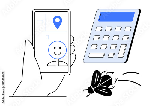 Hand holding smartphone with map pin and avatar, simple calculator, and buzzing fly. Ideal for technology, problem-solving, everyday life, usability, navigation efficiency simplicity. A simple flat