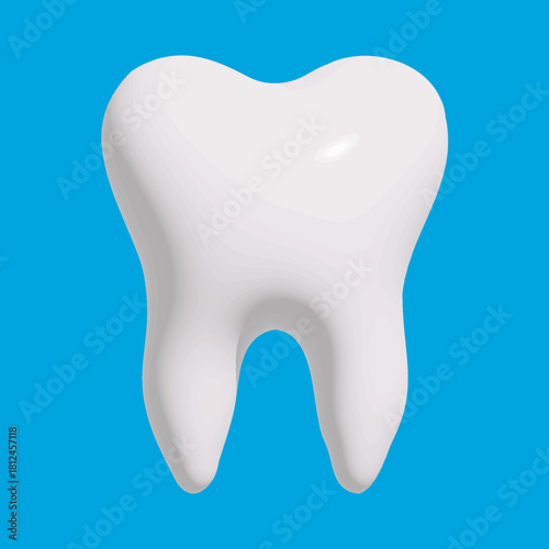 3D white shiny tooth icon, symbol design style. Tooth render on a blue background. Dentist concept. Modern 3D glossy tooth icon. Website and mobile app design element, vector illustration EPS 10.