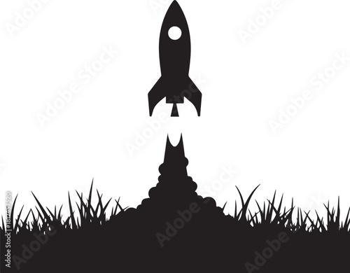 Black silhouette of a rocket launching from grass space